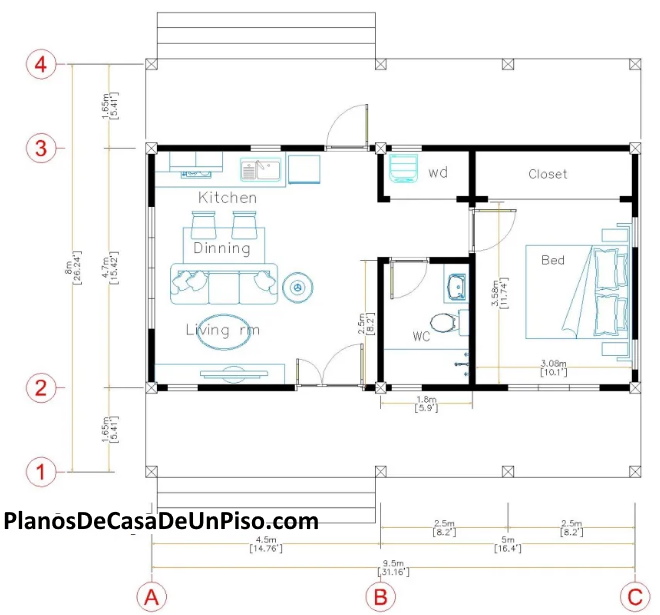 Idea de Plano de Casa de 1 Dormitorio 76 m2
